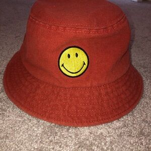 Orangey-Red Bucket Hat with Smiley Face